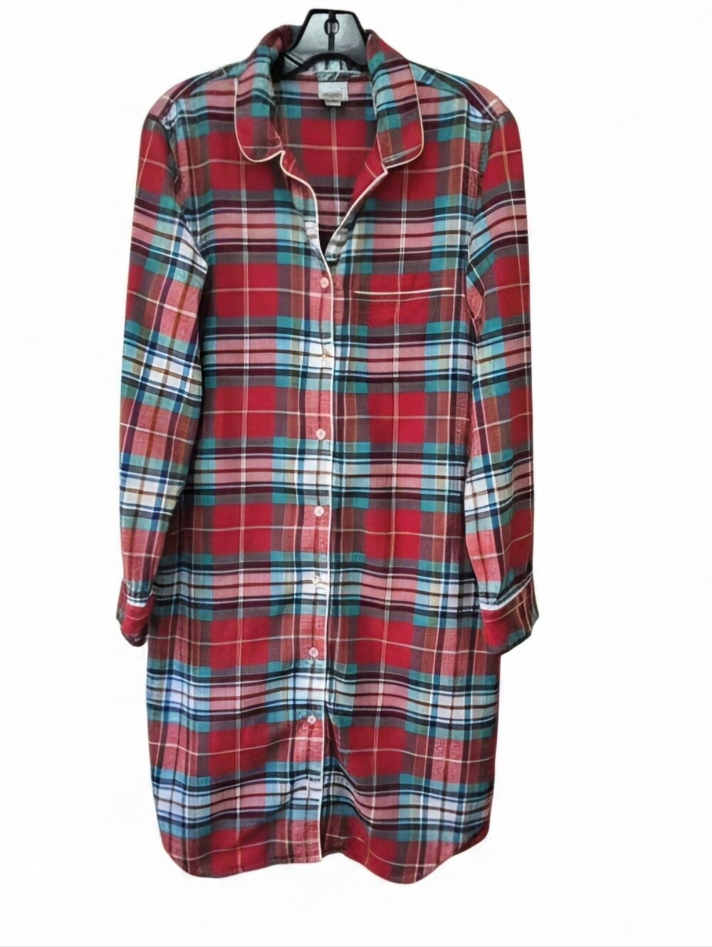 Lands' End Red Plaid Long-Sleeve Shirt Dress with Teal Accents